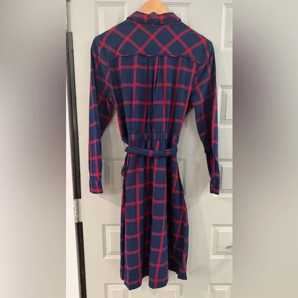 J. Crew Red Blue Plaid Check Flannel Button Up Dress Bow Tie Waist 100%Cotton - Picture 5 of 5